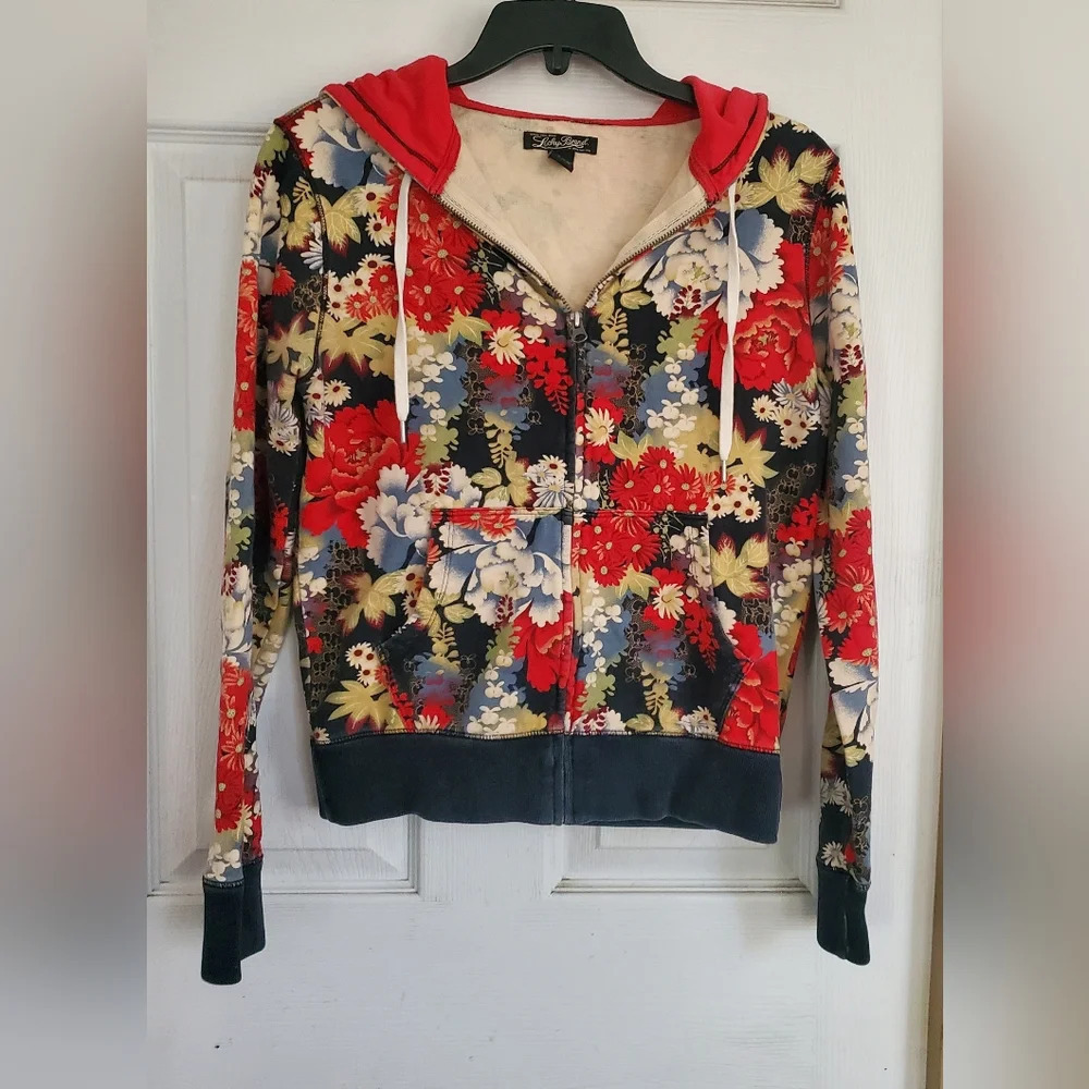 Lucky Brand Y2K All over floral print boho zip up hoodie, size xs